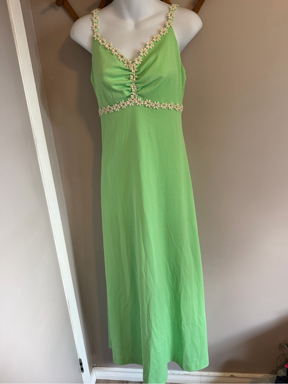 Vintage 70s Handmade Green Daisy Trim Maxi Dress M